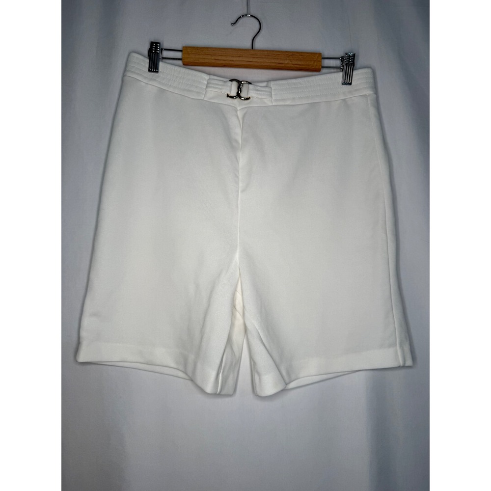 White High Waisted Textured Knit Shorts with Silver Buckle Detail Mens Womens